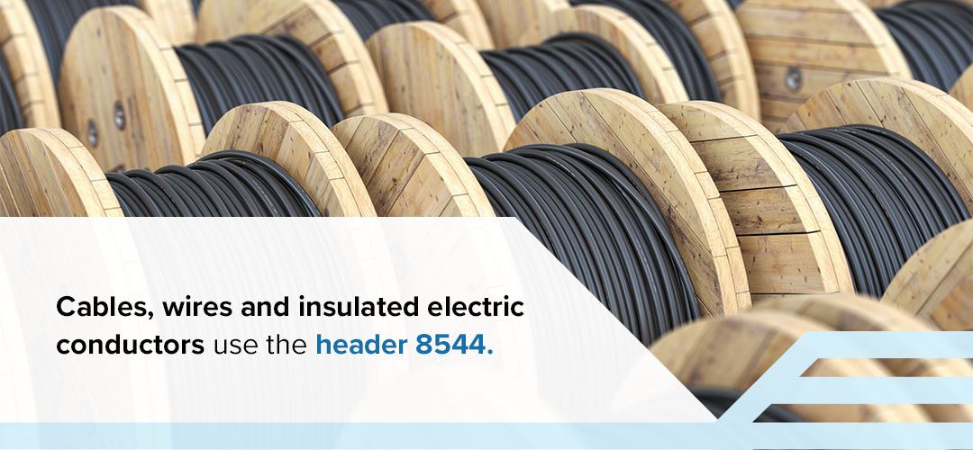 Cables, wires and insulated electric conductors use the header 8544. Specific cable and insulated wire codes include:

